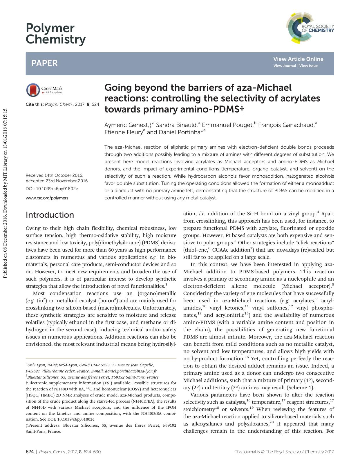 Going beyond the barriers of aza-Michael reactions: controlling the selectivity of acrylates towards primary amino-PDMS by unknow