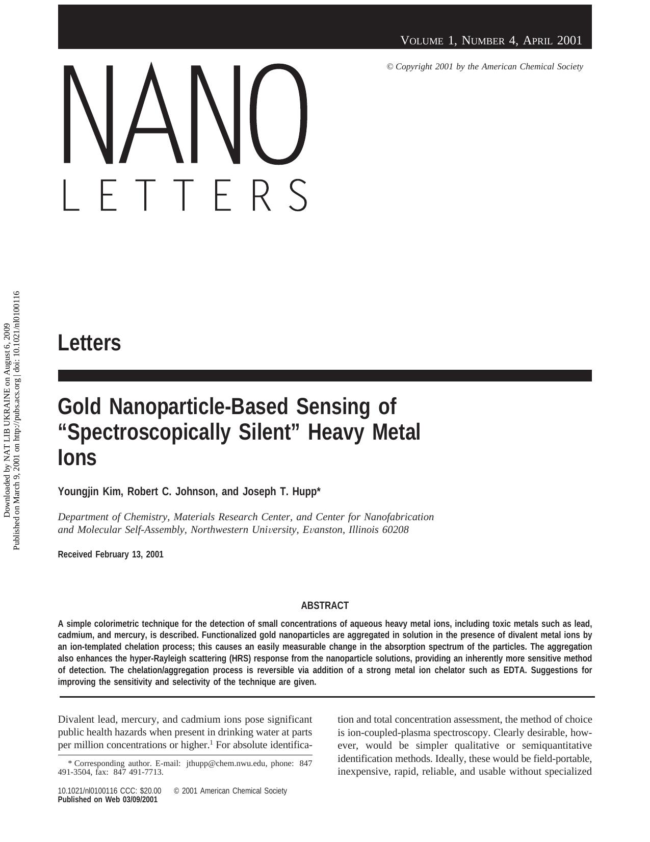 Gold Nanoparticle-Based Sensing of Spectroscopically Silent Heavy Metal Ions by Youngjin Kim Robert C. Johnson & Joseph T. Hupp*