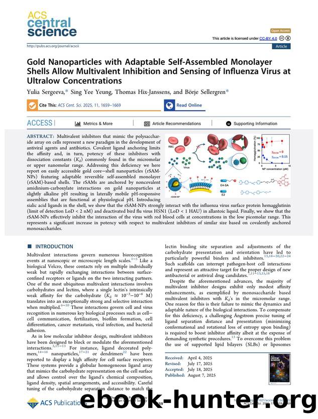 Gold Nanoparticles with Adaptable Self-Assembled Monolayer Shells Allow Multivalent Inhibition and Sensing of Influenza Virus at Ultralow Concentrations by Yulia Sergeeva & Sing Yee Yeung & Thomas Hix-Janssens & Börje Sellergren
