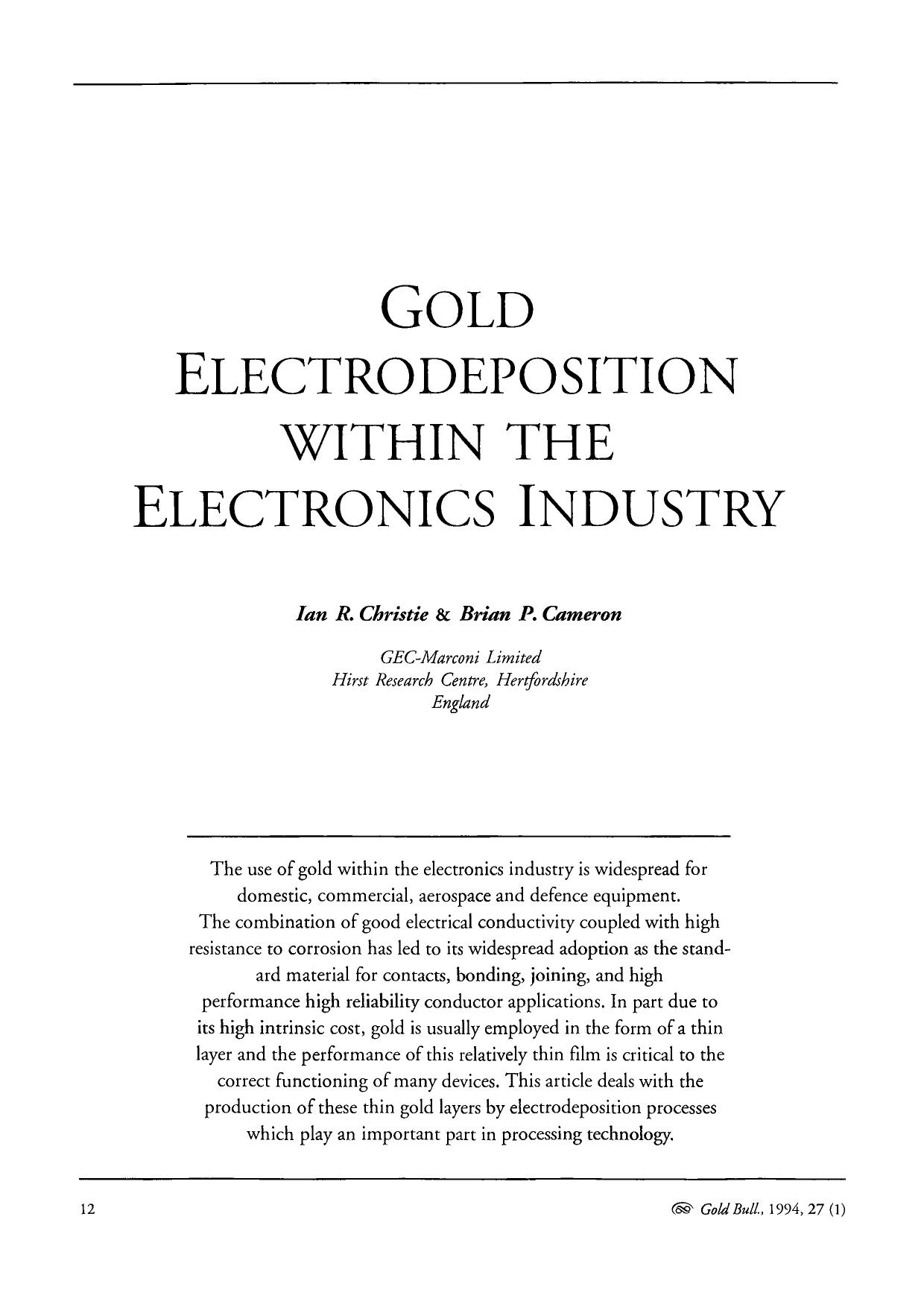 Gold electrodeposition within the electronics industry by Unknown