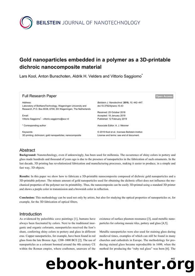 Gold nanoparticles embedded in a polymer as a 3D-printable dichroic nanocomposite material by Lars Kool Anton Bunschoten Aldrik H. Velders Vittorio Saggiomo