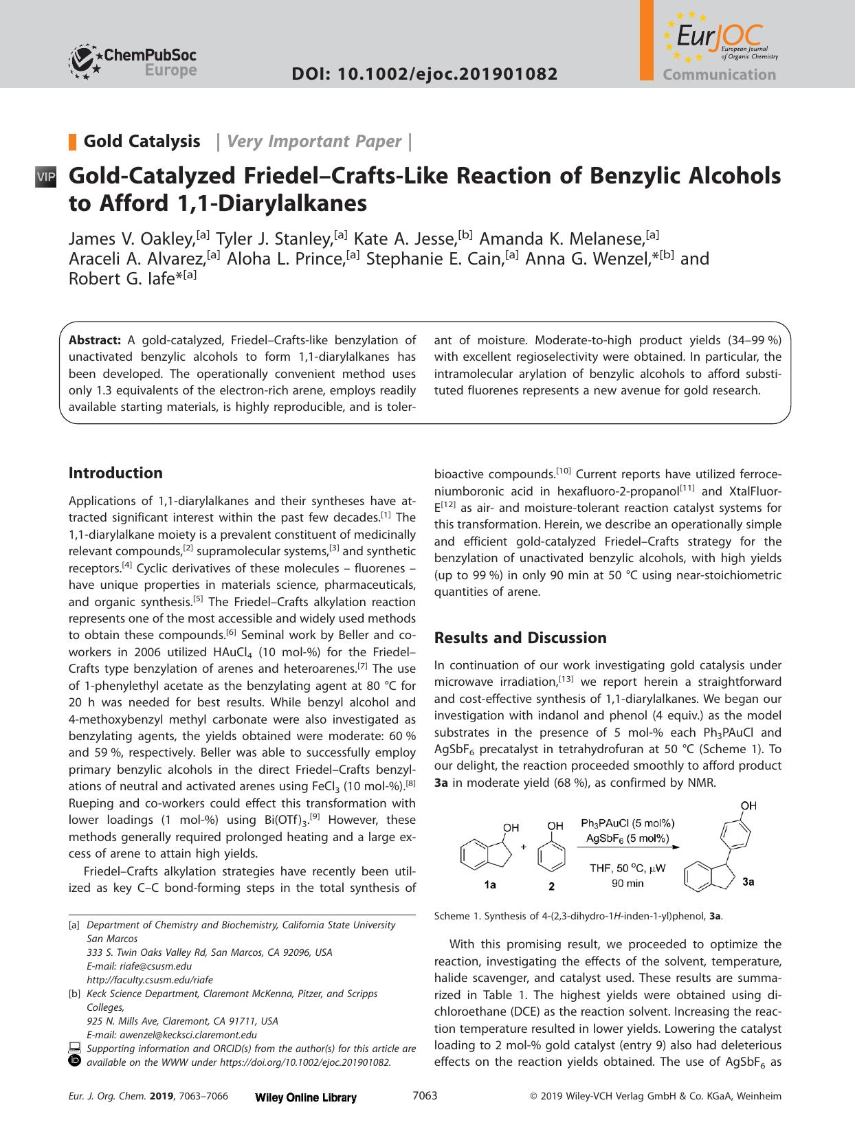 Gold‐Catalyzed Friedel–Crafts‐Like Reaction of Benzylic Alcohols to Afford 1,1‐Diarylalkanes by Unknown