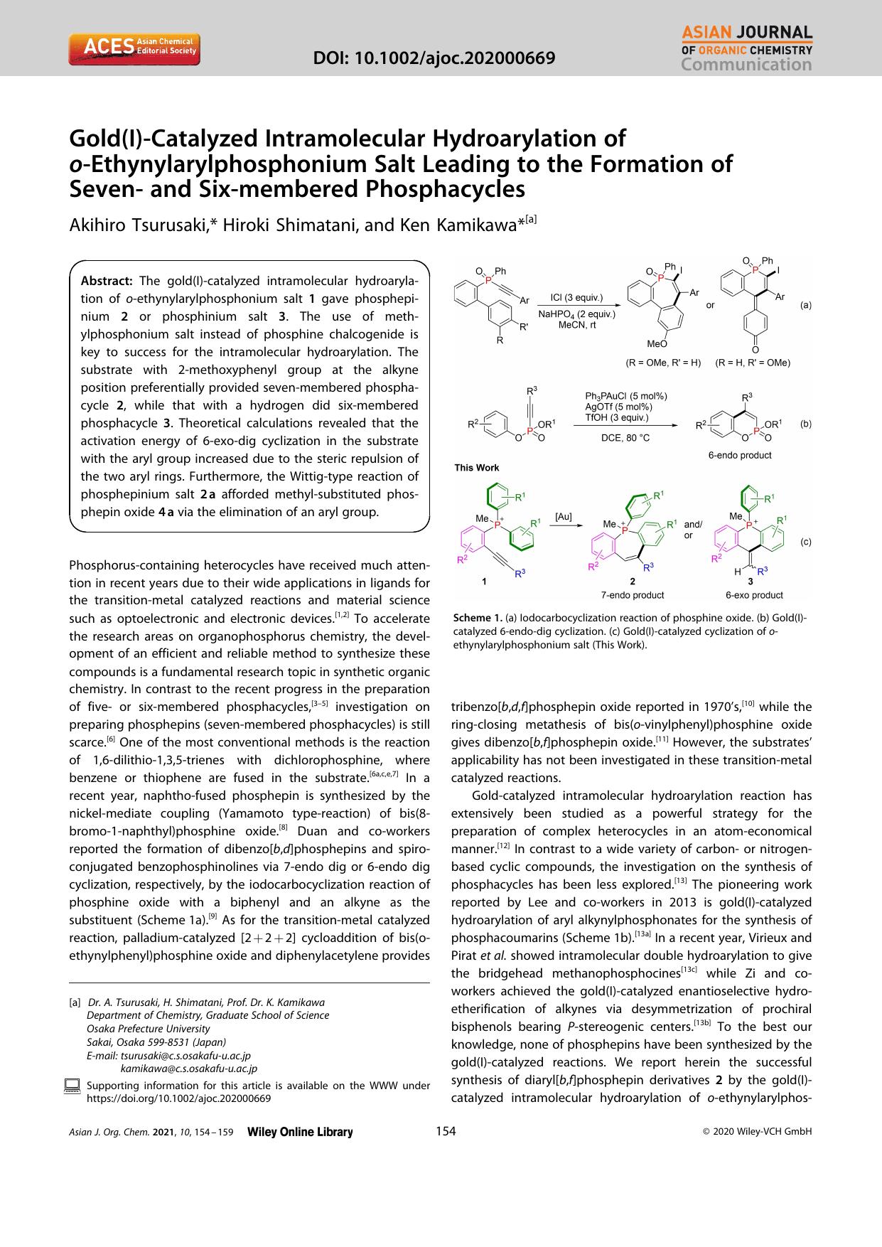 Gold(I)âCatalyzed Intramolecular Hydroarylation of oâEthynylarylphosphonium Salt Leading to the Formation of Sevenâ and Sixâmembered Phosphacycles by Unknown