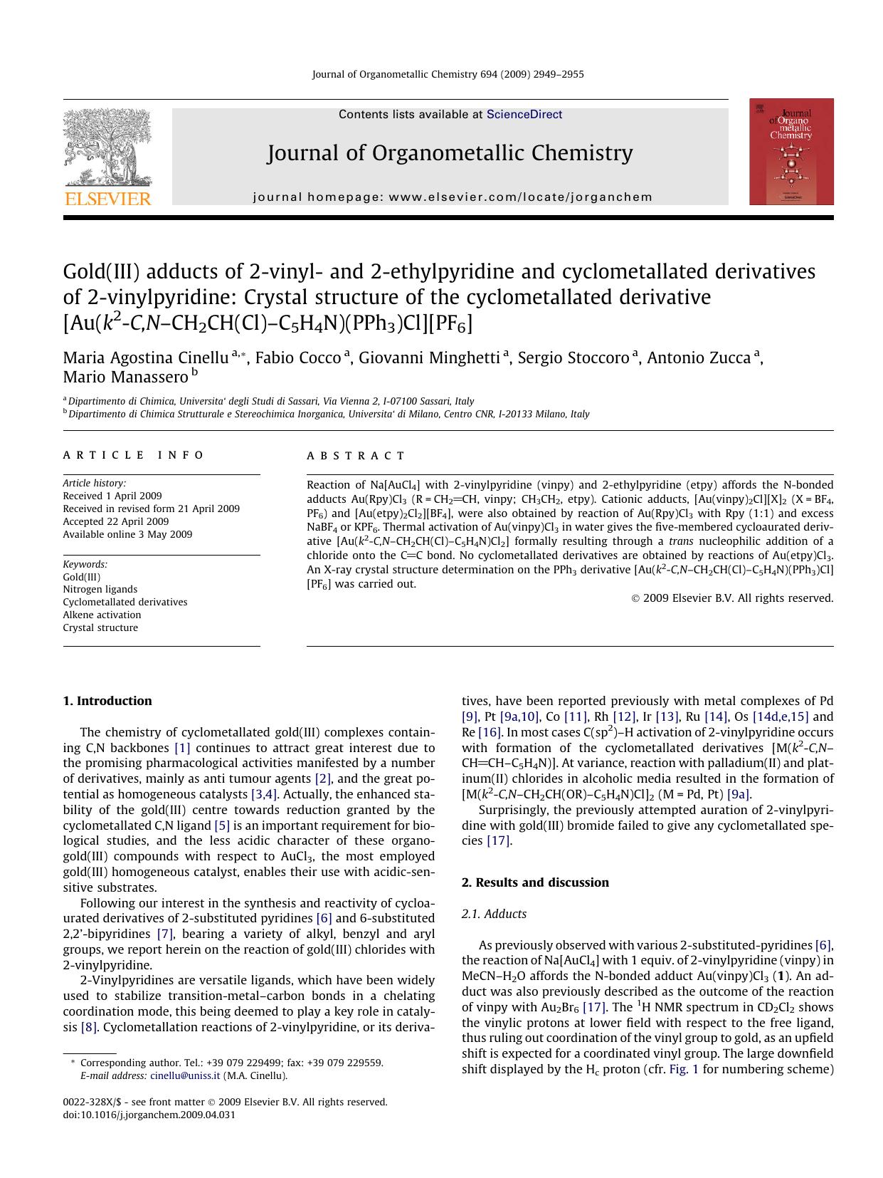 Gold(III) adducts of 2-vinyl- and 2-ethylpyridine and cyclometallated derivatives of 2-vinylpyridine: Crystal structure of the cyclometallated derivative [Au(k2-C,N–CH2CH(Cl)–C5H4N)(PPh3)Cl][PF6] by unknow