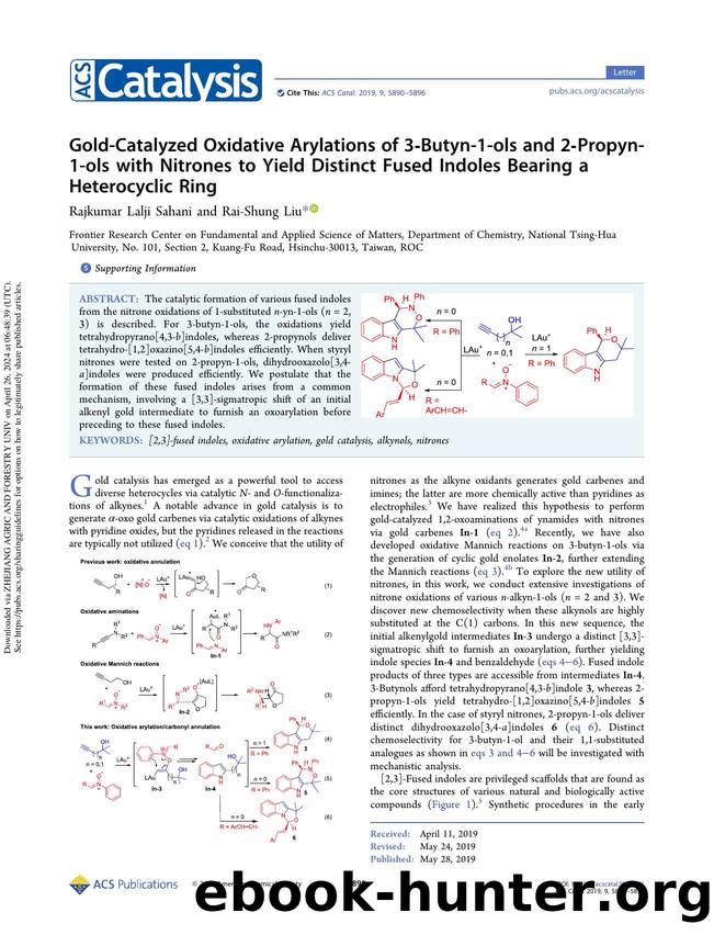 Gold-Catalyzed Oxidative Arylations of 3-Butyn-1-ols and 2-Propyn-1-ols with Nitrones to Yield Distinct Fused Indoles Bearing a Heterocyclic Ring by Rajkumar Lalji Sahani & Rai-Shung Liu