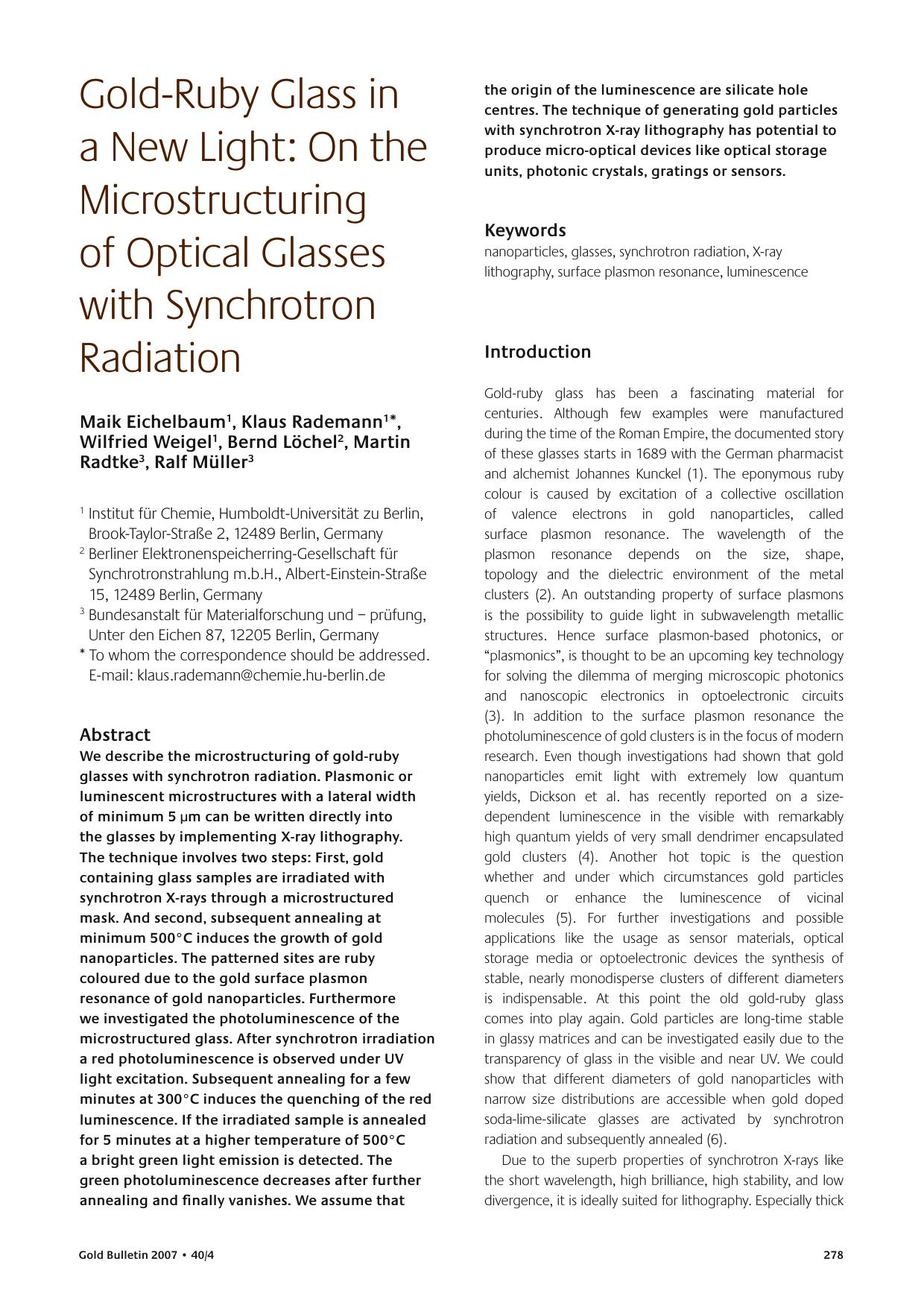 Gold-ruby glass in a new light: On the microstructuring of optical glasses with synchrotron radiation by Unknown