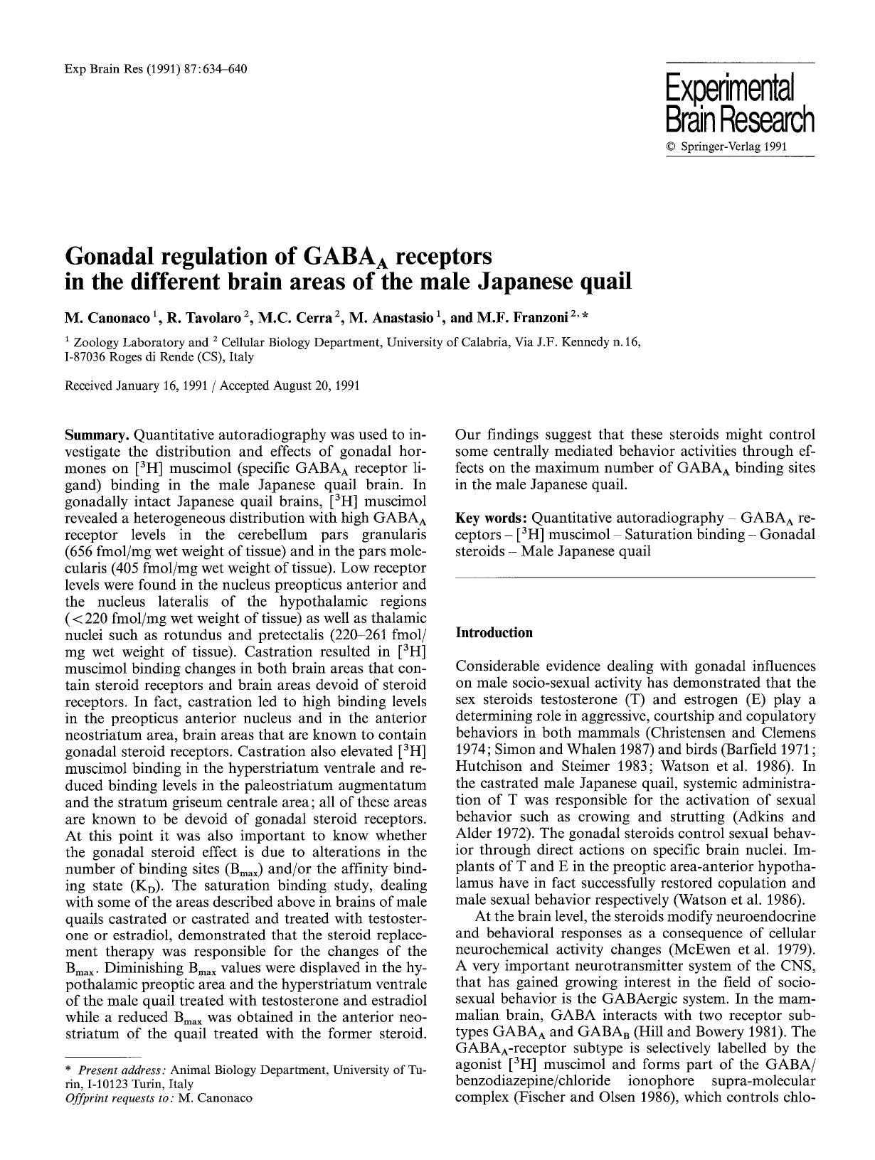 Gonadal regulation of GABA<Subscript>A<Subscript> receptors in the different brain areas of the male Japanese quail by Unknown