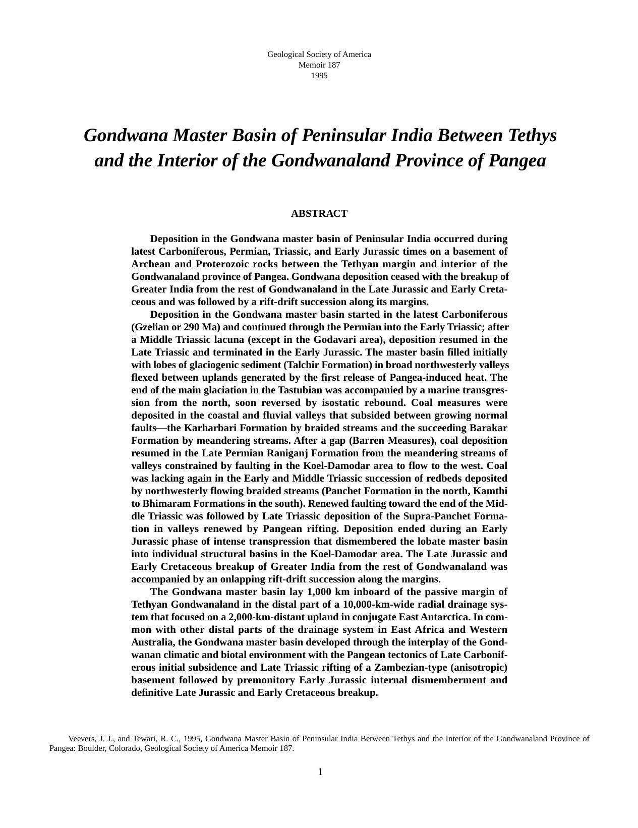 Gondwana master basin of Peninsular India between Tethys and the interior of the Gondwanaland Province of Pangea by J. J. Veevers and R. C. Tewari