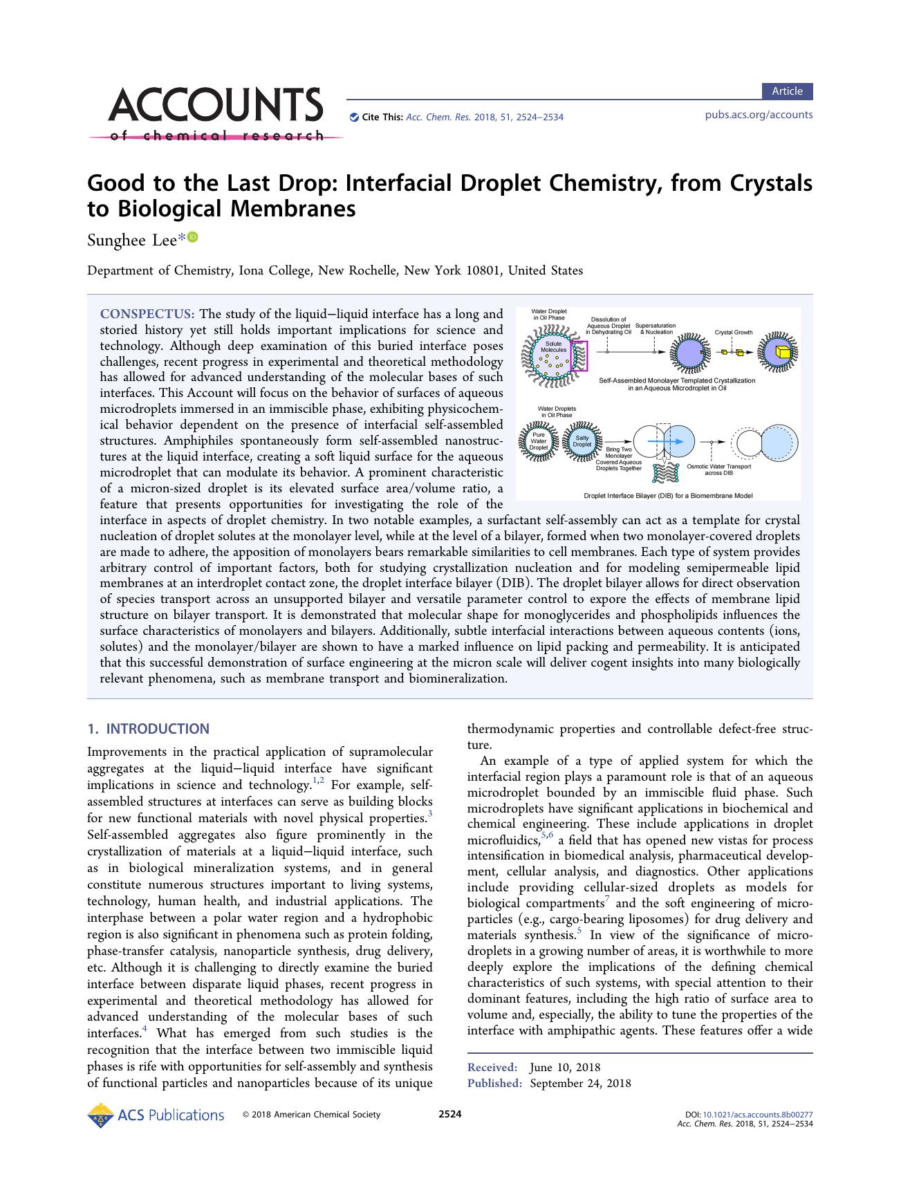 Good to the Last Drop: Interfacial Droplet Chemistry, from Crystals to Biological Membranes by Sunghee Lee