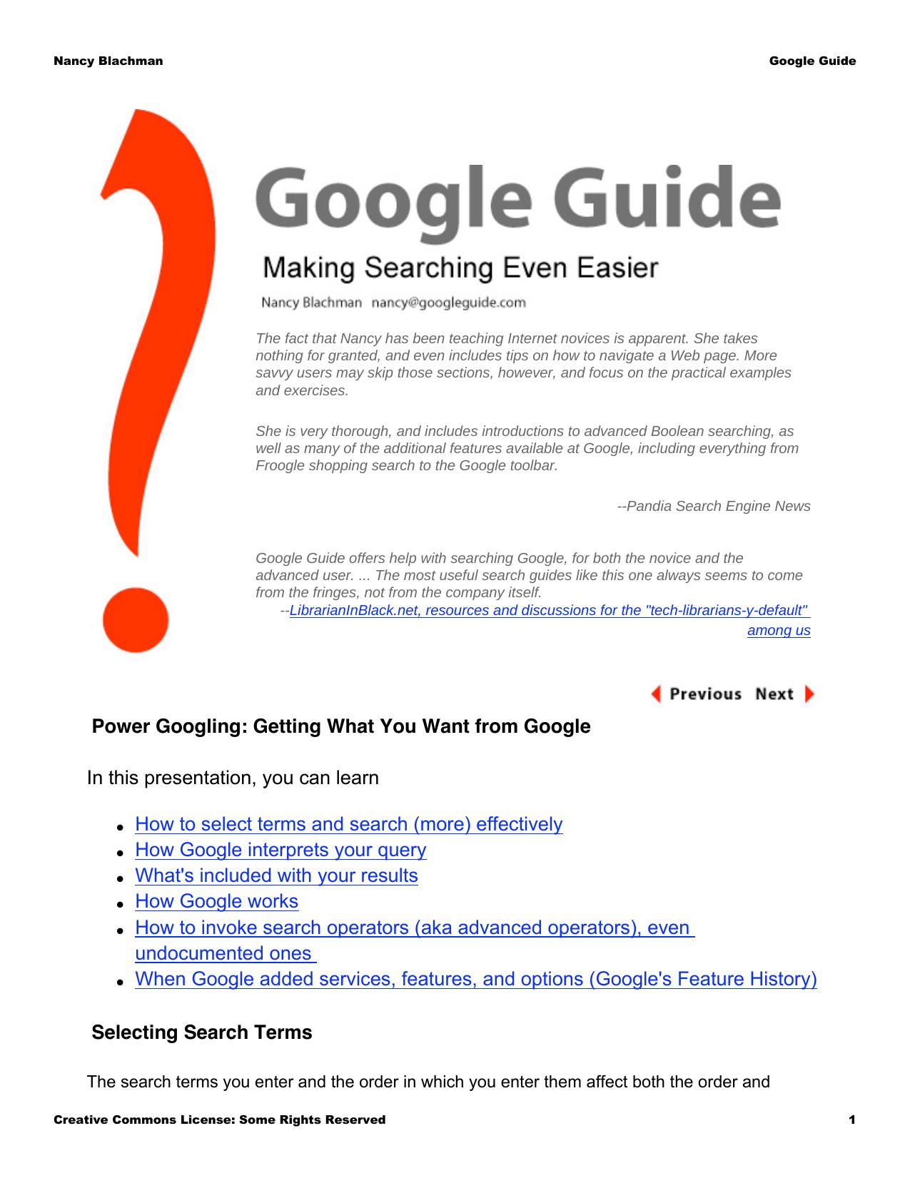 Google Guide: Power Googling: Getting What You Want From Google - Printable Version by Unknown