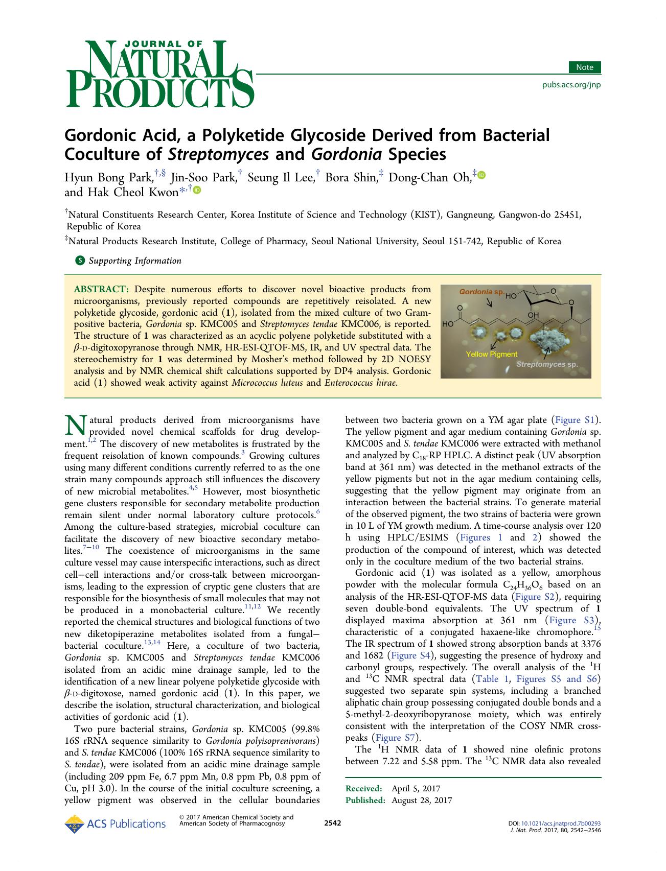 Gordonic Acid, a Polyketide Glycoside Derived from Bacterial Coculture of Streptomyces and Gordonia Species by Hyun Bong Park Jin-Soo Park Seung Il Lee Bora Shin Dong-Chan Oh & Hak Cheol Kwon