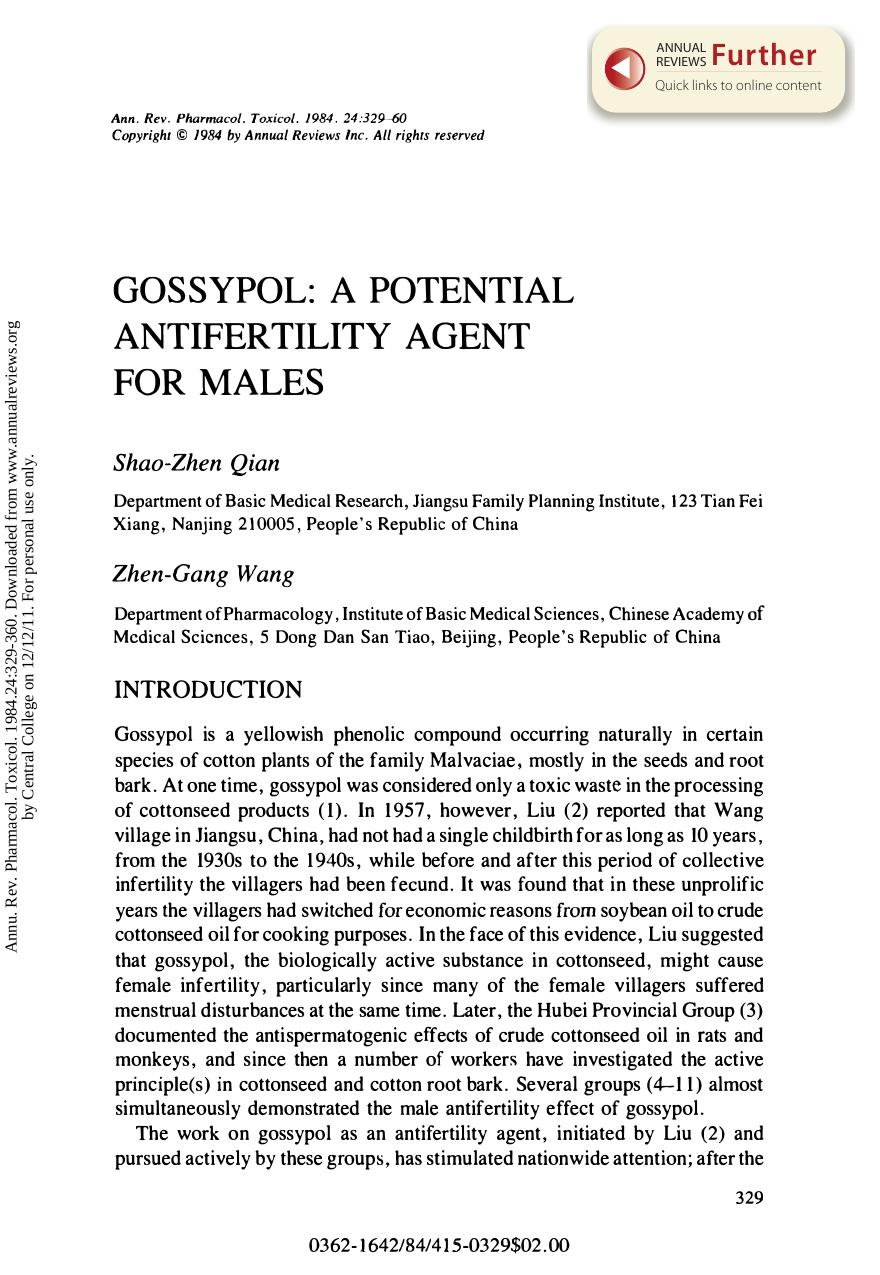 Gossypol: A Potential Antifertility Agent for Males by S Qian & Z Wang