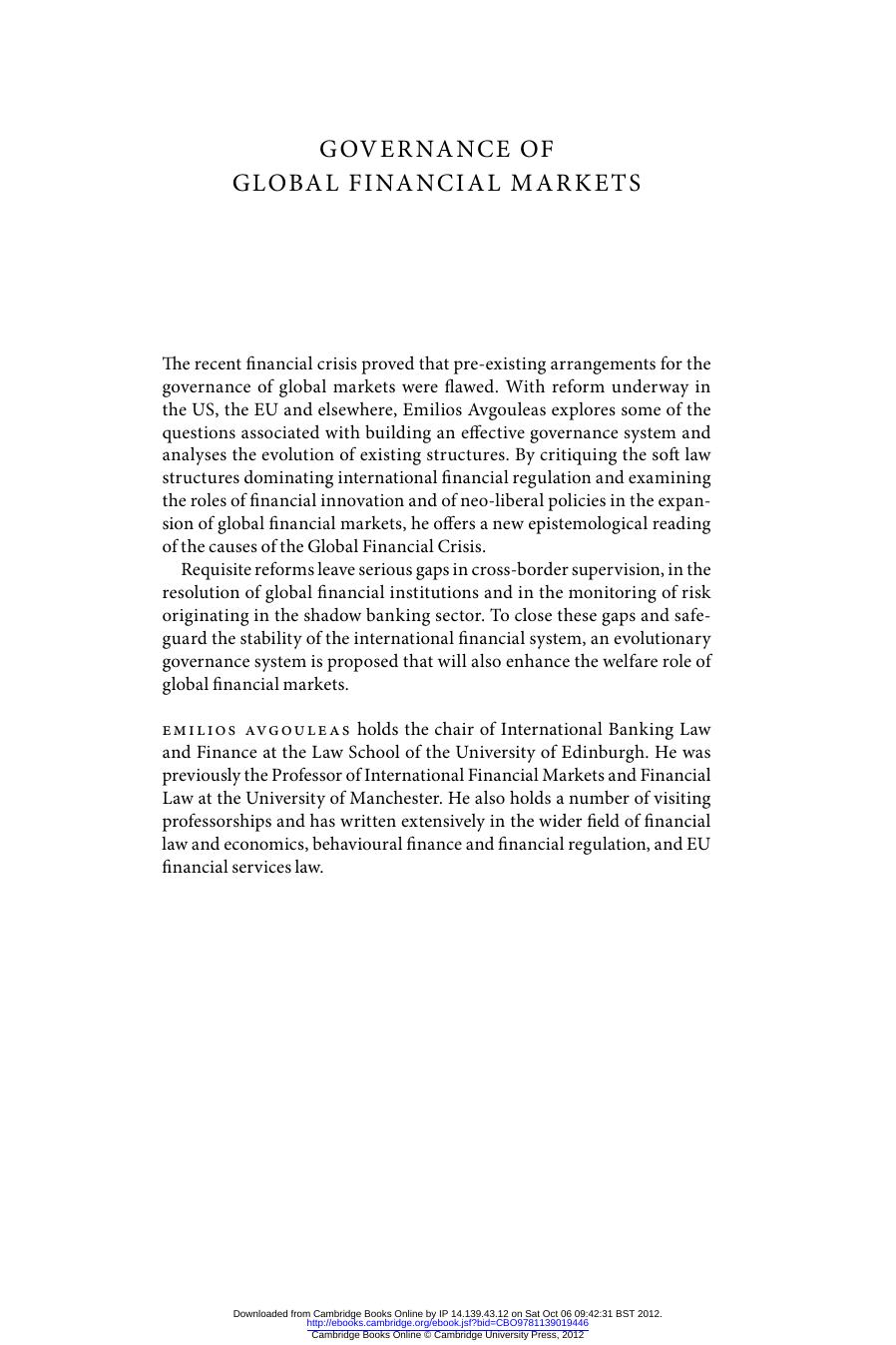 Governance of Global Financial Markets: The Law, the Economics, the Politics by Professor Emilios Avgouleas