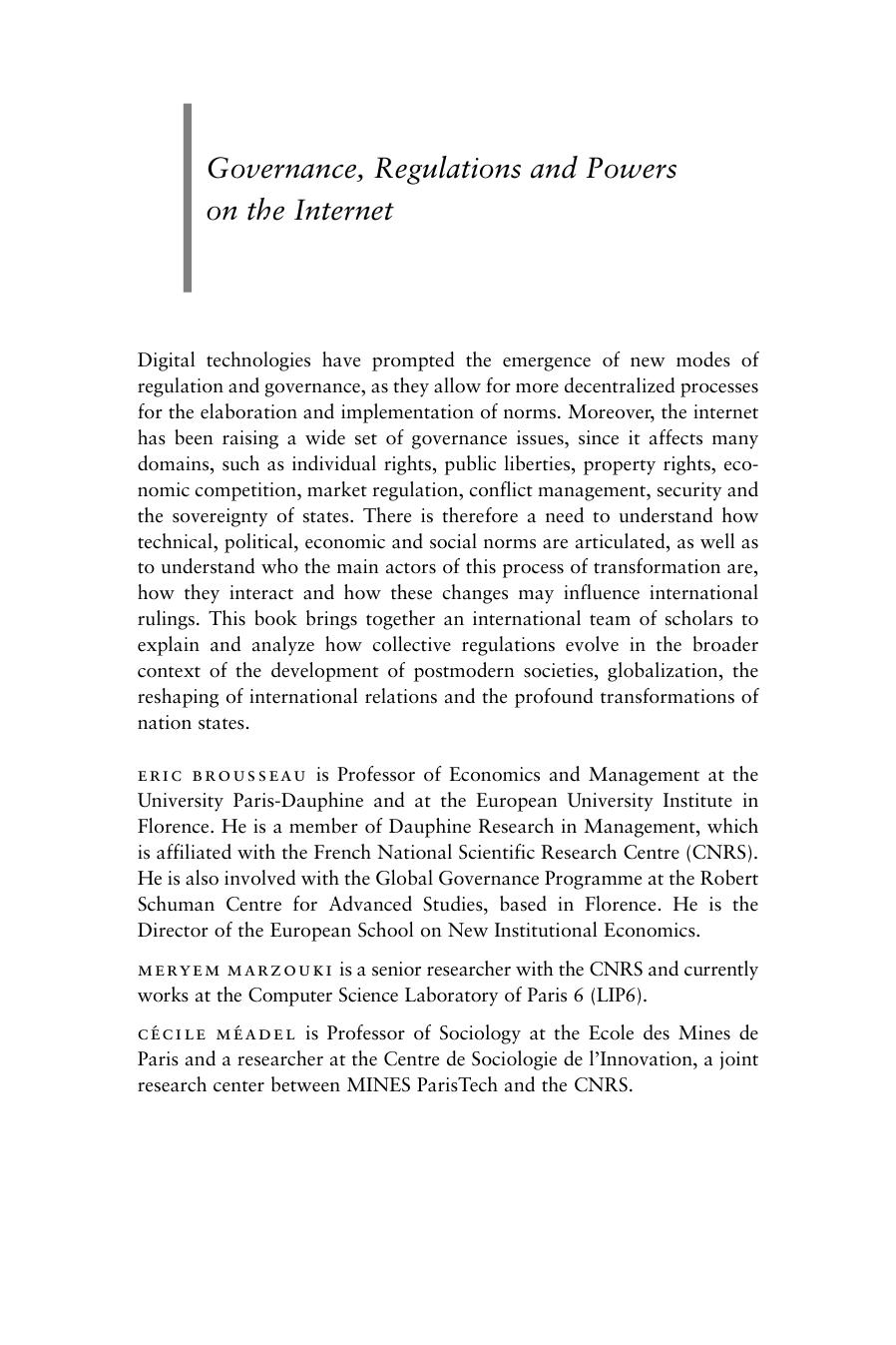 Governance, Regulation and Powers on the Internet by Eric Brousseau Meryem Marzouki Cécile Méadel