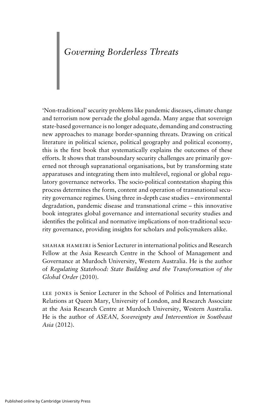 Governing Borderless Threats: Non-Traditional Security and the Politics of State Transformation by Lee Jones Shahar Hameiri