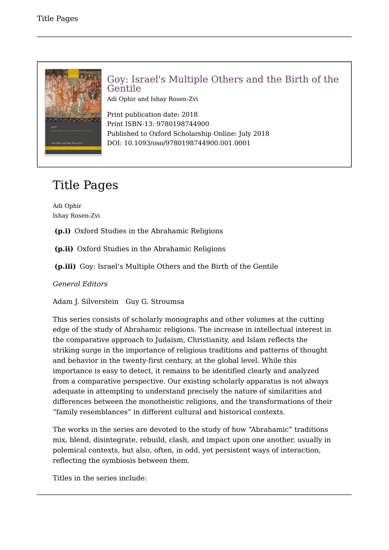 Goy : Israel's multiple others and the birth of the gentile by Adi Ophir; Ishay Rosen-Zvi