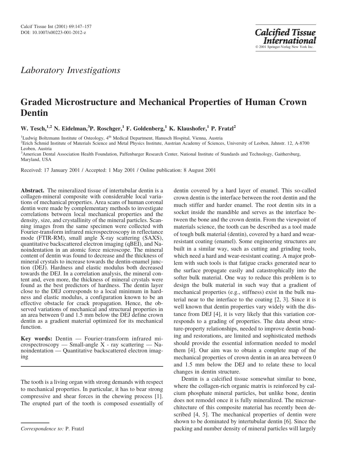 Graded Microstructure and Mechanical Properties of Human Crown Dentin by Tesch W. et al