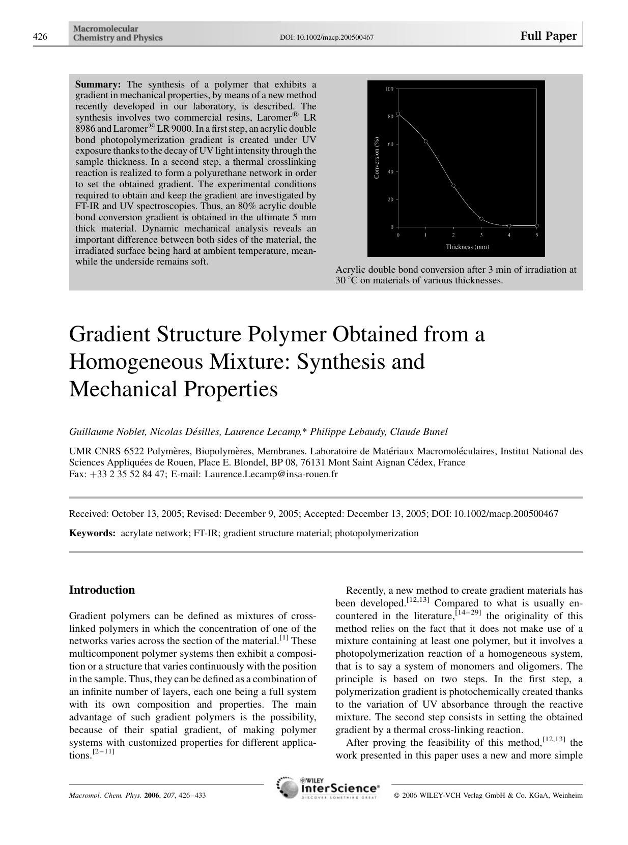 Gradient Structure Polymer Obtained from a Homogeneous Mixture: Synthesis and Mechanical Properties by unknow