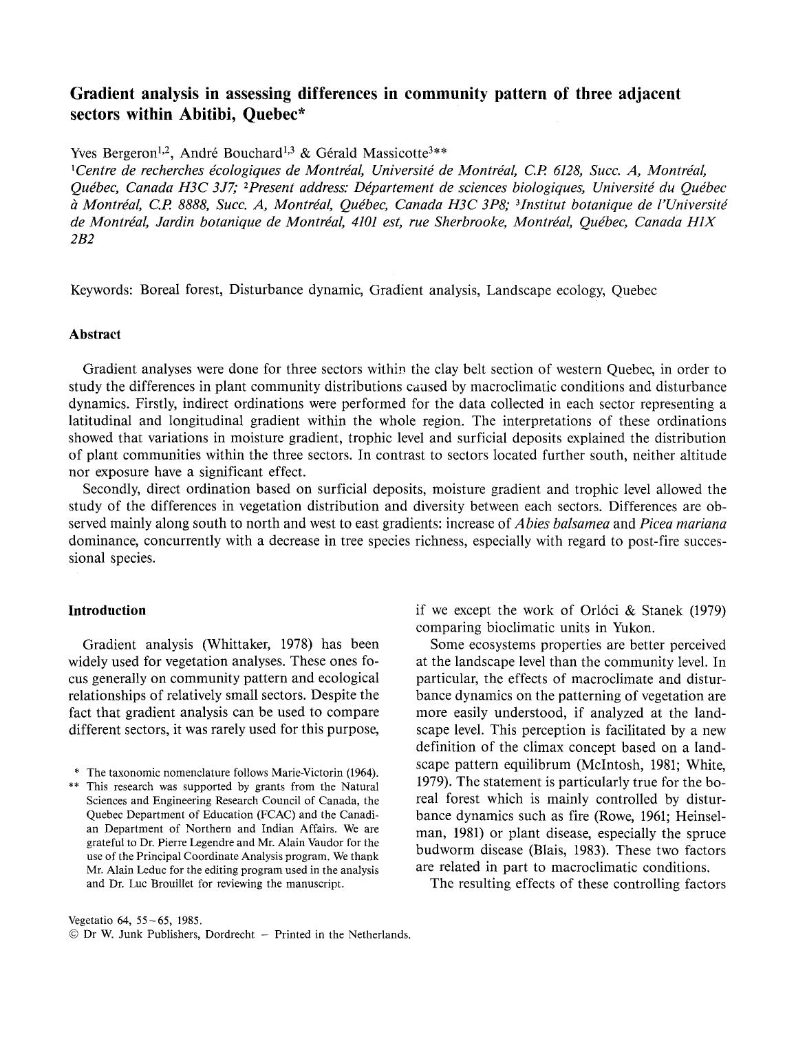Gradient analysis in assessing differences in community pattern of three adjacent sectors within Abitibi, Quebec by Unknown