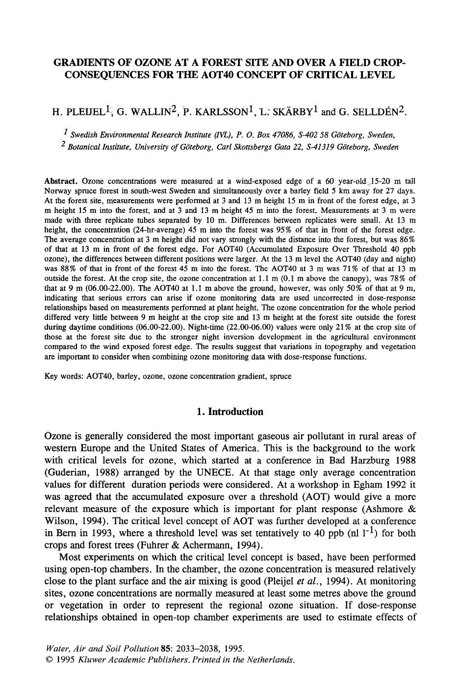 Gradients of ozone at a forest site and over a field cropconsequences for the AOT40 concept of critical level by Unknown
