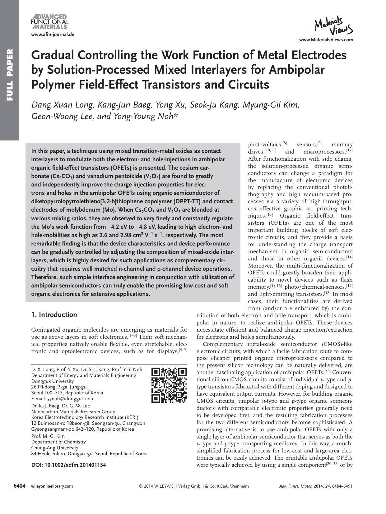 Gradual Controlling the Work Function of Metal Electrodes by SolutionProcessed Mixed Interlayers for Ambipolar Polymer FieldEffect Transistors and Circuits by processteam