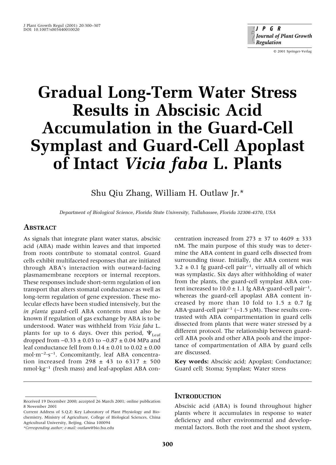 Gradual Long-Term Water Stress Results in Abscisic Acid Accumulation in the Guard-Cell Symplast and Guard-Cell Apoplast of Intact Vicia faba L. Plants by Zhang S. et al