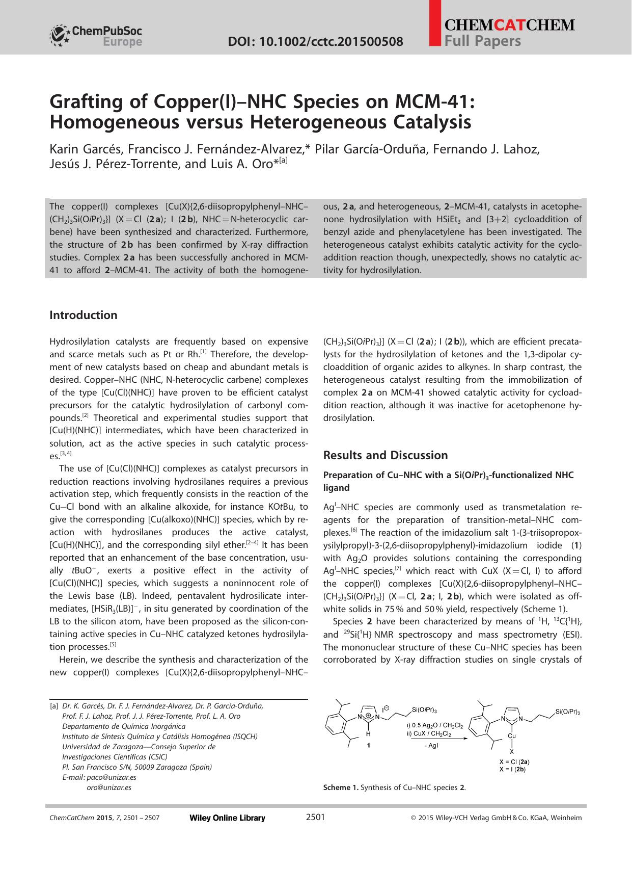 Grafting of Copper(I)NHC Species on MCM41: Homogeneous versus Heterogeneous Catalysis by Unknown