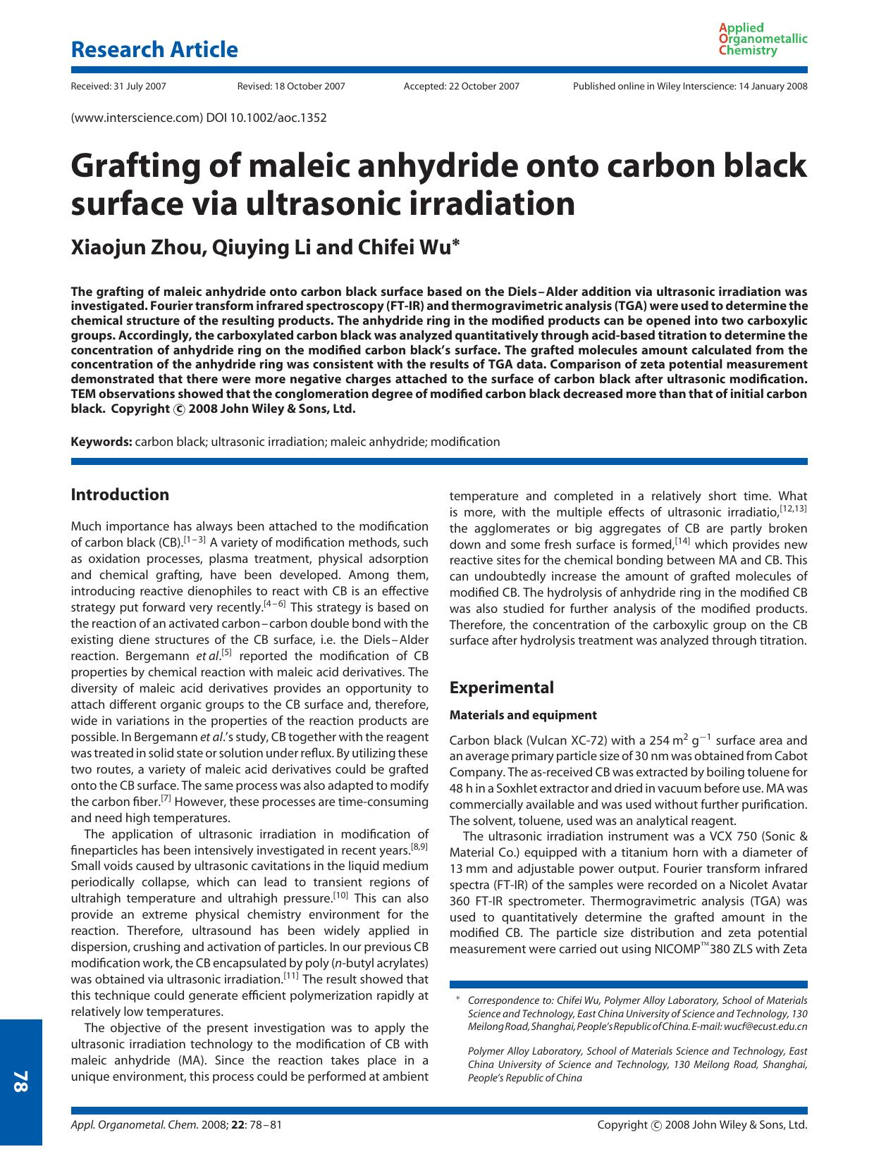 Grafting of maleic anhydride onto carbon black surface via ultrasonic irradiation by Unknown