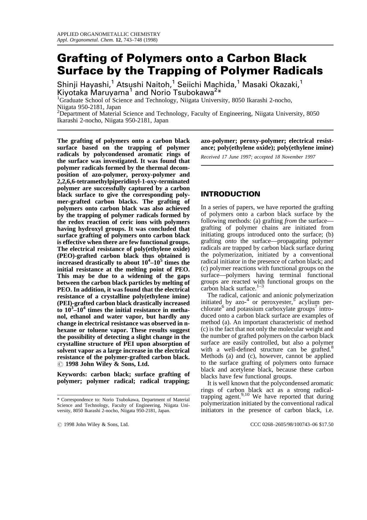 Grafting of polymers onto a carbon black surface by the trapping of polymer radicals by Unknown