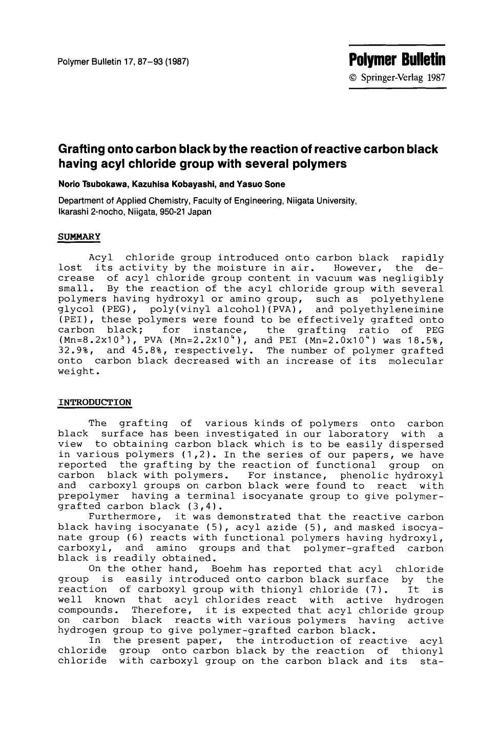 Grafting onto carbon black by the reaction of reactive carbon black having acyl chloride group with several polymers by Unknown