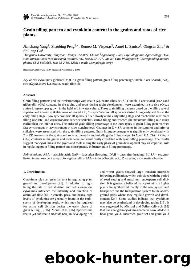 Grain filling pattern and cytokinin content in the grains and roots of rice plants by Unknown