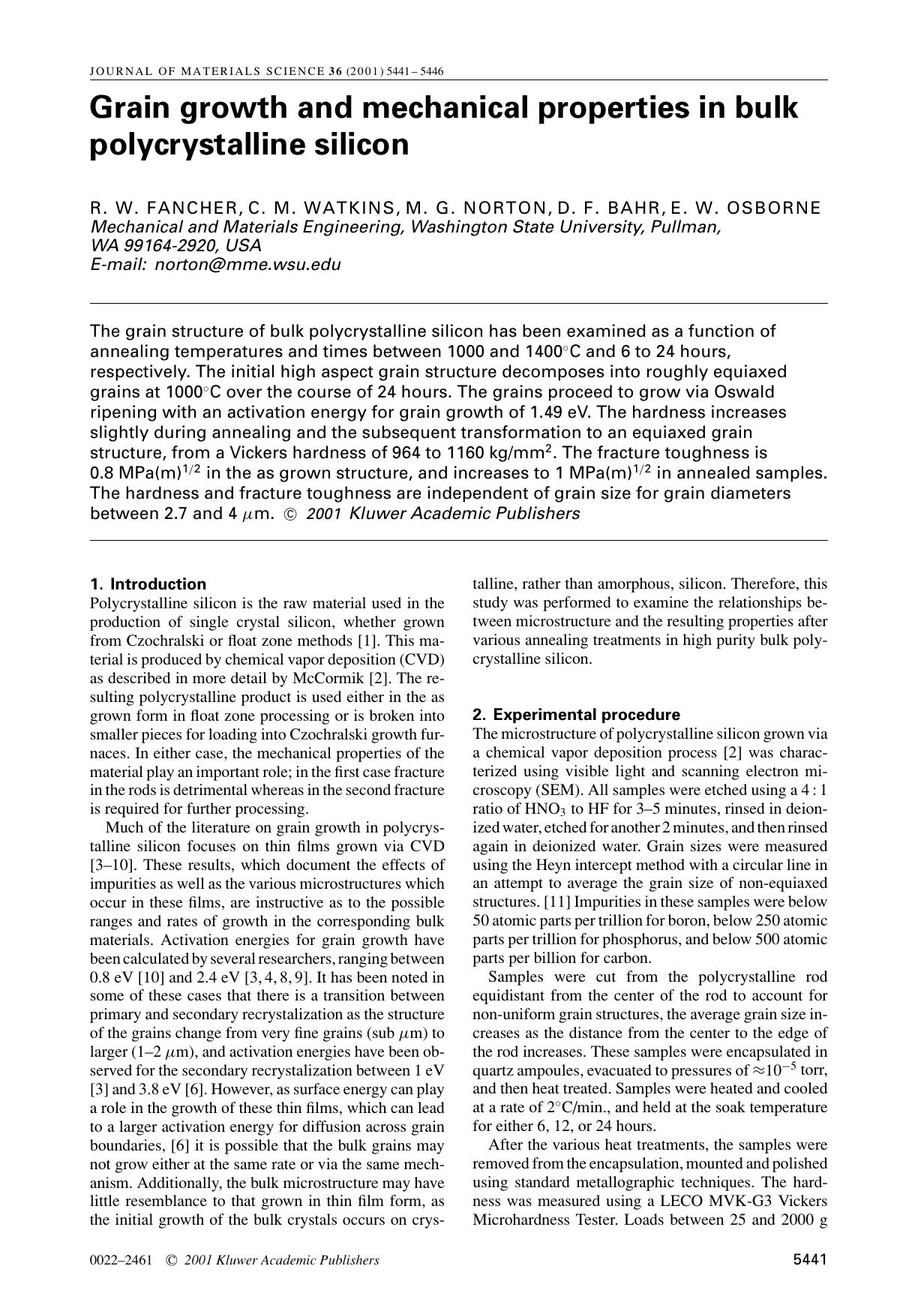 Grain growth and mechanical properties in bulk polycrystalline silicon by Unknown