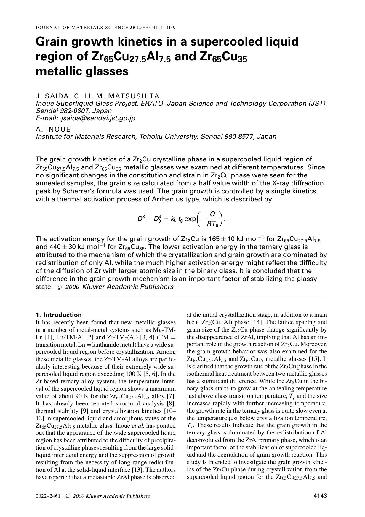 Grain growth kinetics in a supercooled liquid region of Zr65Cu27.5Al7.5 and Zr65Cu35 metallic glasses by Unknown