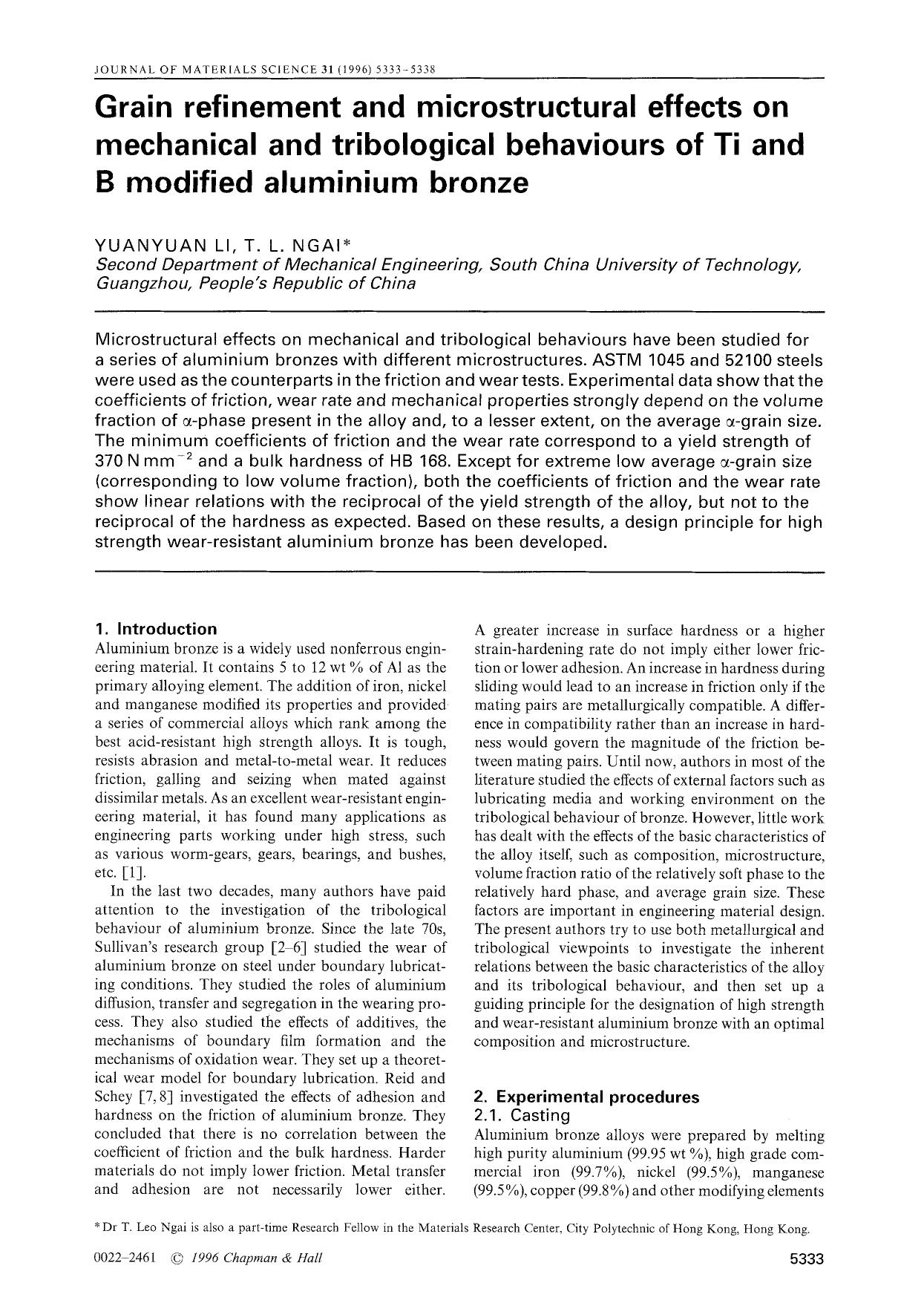 Grain refinement and microstructural effects on mechanical and tribological behaviours of Ti and B modified aluminium bronze by Unknown