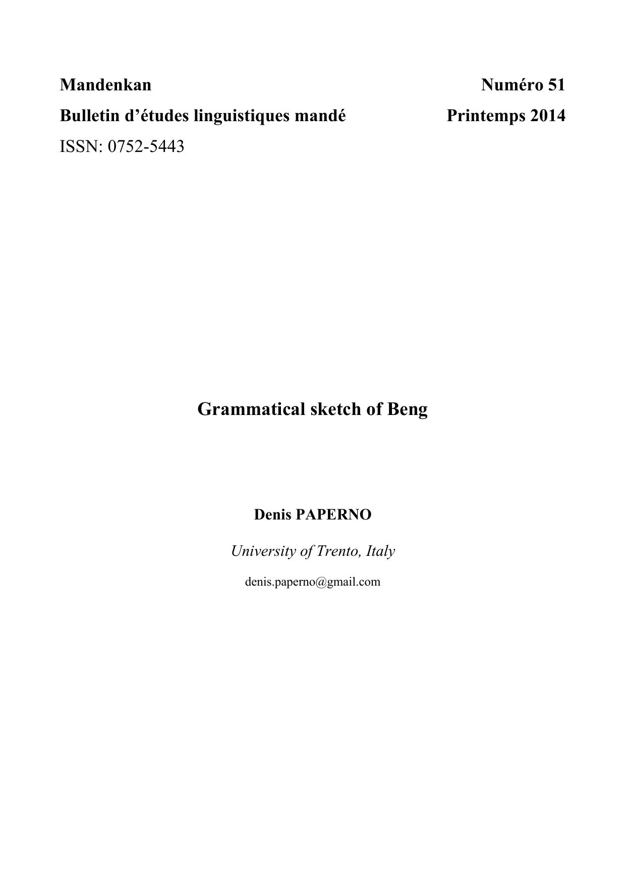 Grammatical sketch of Beng by Denis PAPERNO