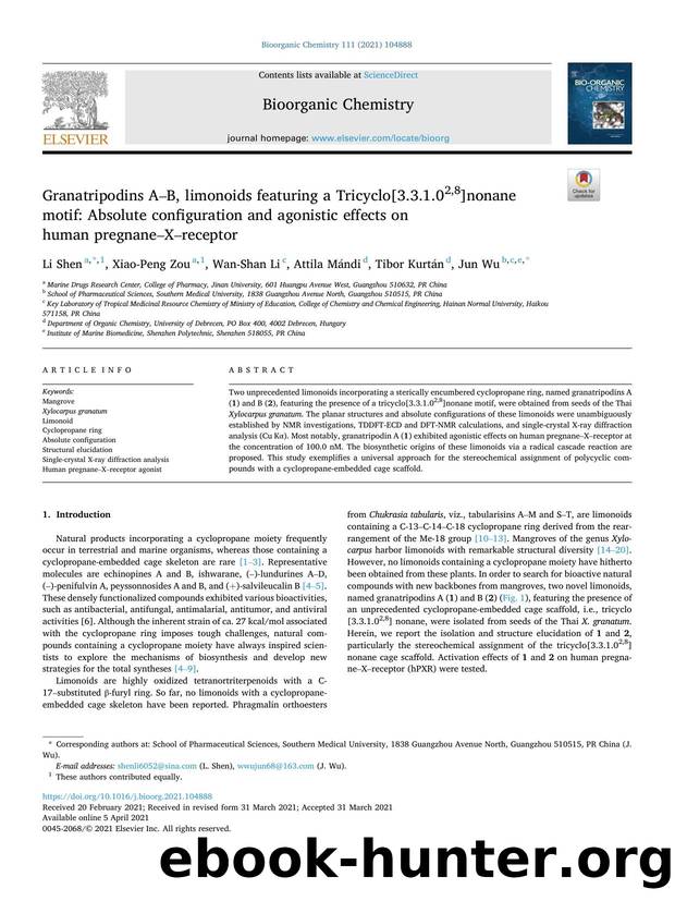 Granatripodins AâB, limonoids featuring a Tricyclo[3.3.1.02,8]nonane motif: Absolute configuration and agonistic effects on human pregnaneâXâreceptor by Li Shen & Xiao-Peng Zou & Wan-Shan Li & Attila Mándi & Tibor Kurtán & Jun Wu