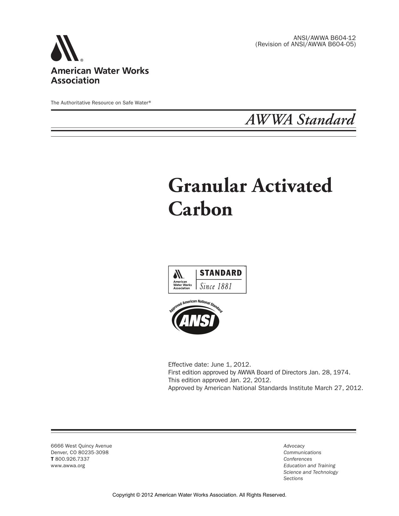 Granular activated carbon by American Water Works Association.; American National Standards Institute