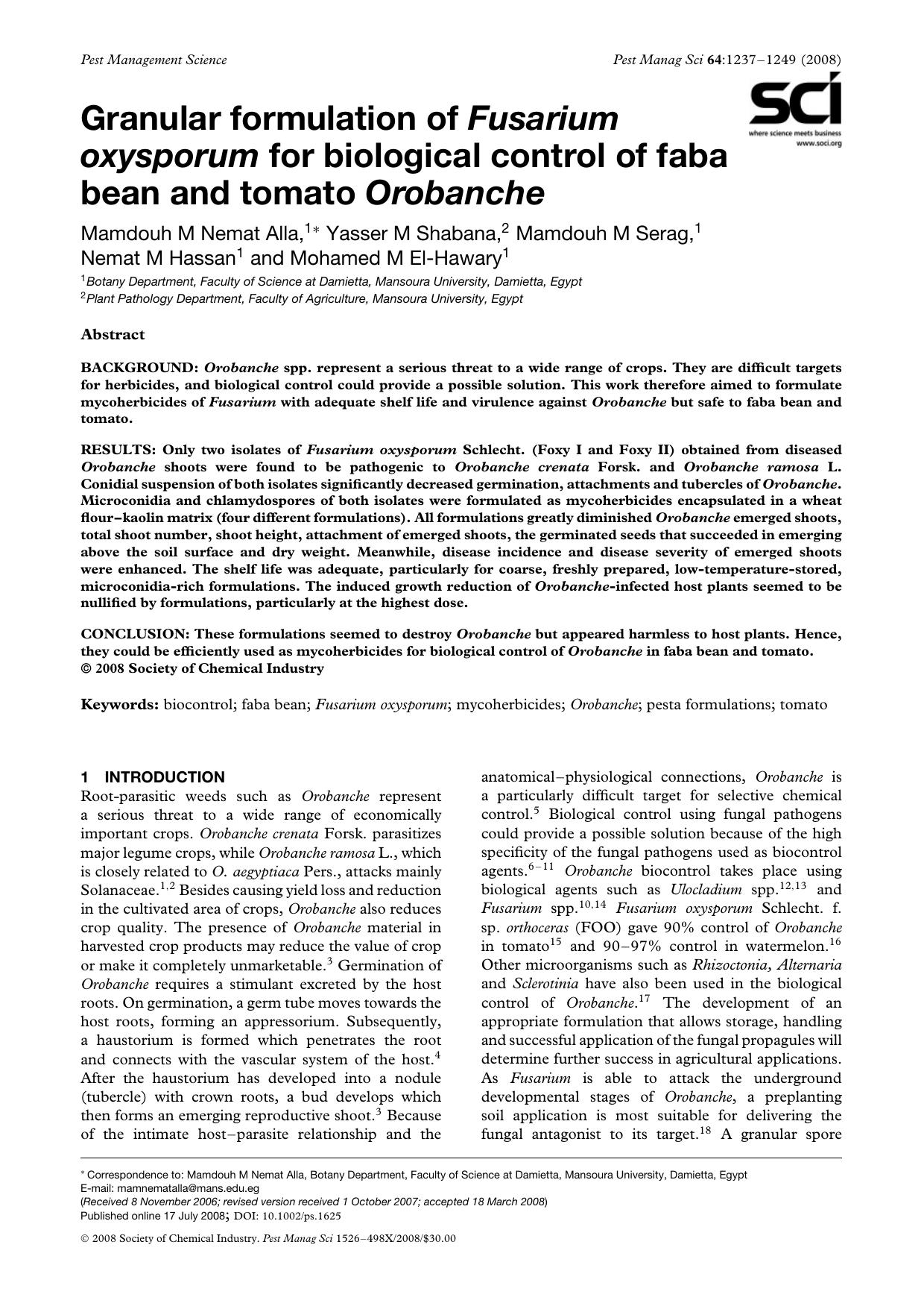 Granular formulation of Fusarium oxysporum for biological control of faba bean and tomato Orobanche by Unknown