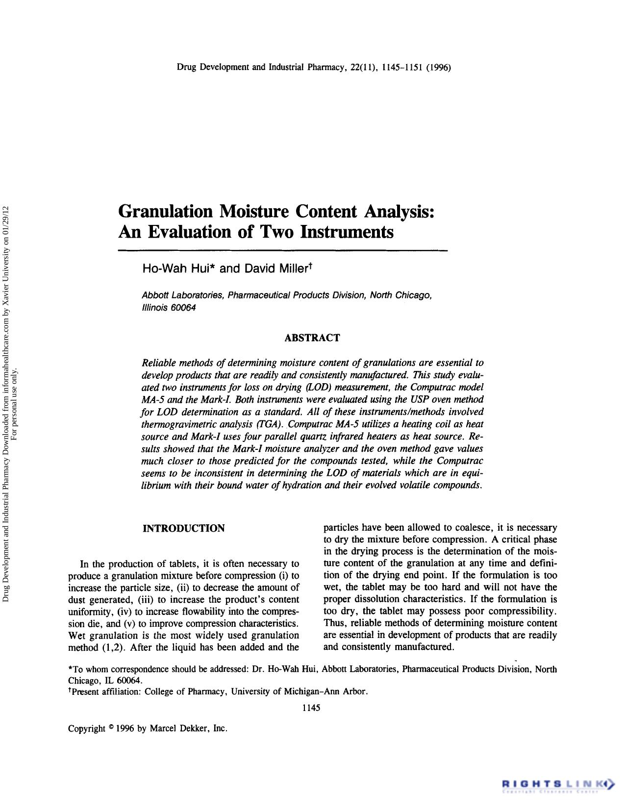 Granulation Moisture Content Analysis: An Evaluation of Two Instruments by Ho-Wah Hui & David Miller