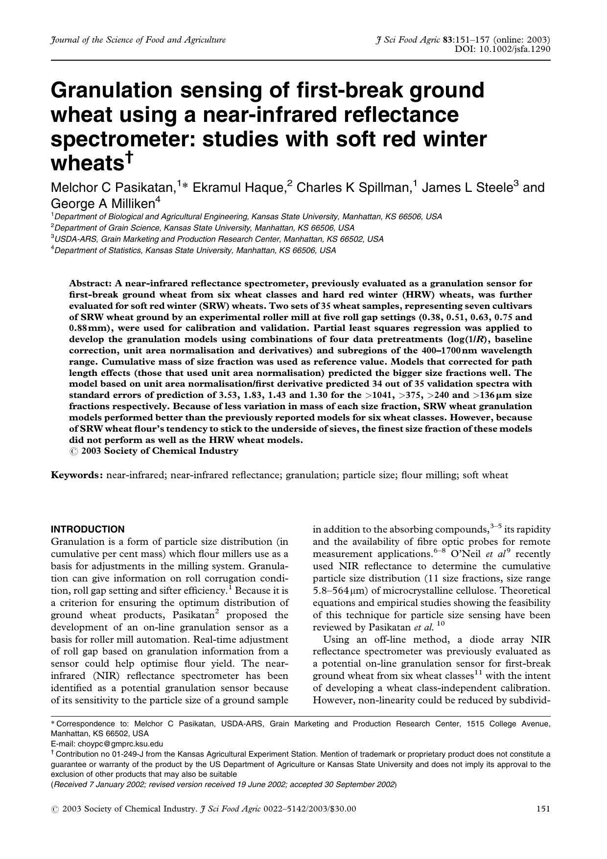 Granulation sensing of first-break ground wheat using a near-infrared reflectance spectrometer: studies with soft red winter wheats by Unknown