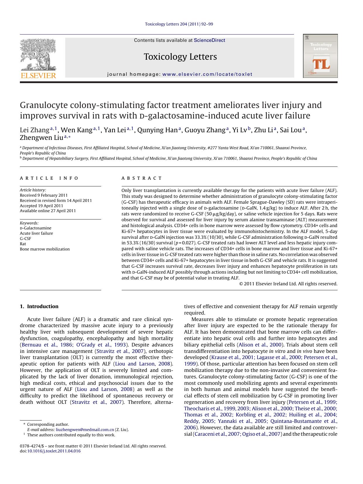 Granulocyte colony-stimulating factor treatment ameliorates liver injury and improves survival in rats with d-galactosamine-induced acute liver failure by Lei Zhang