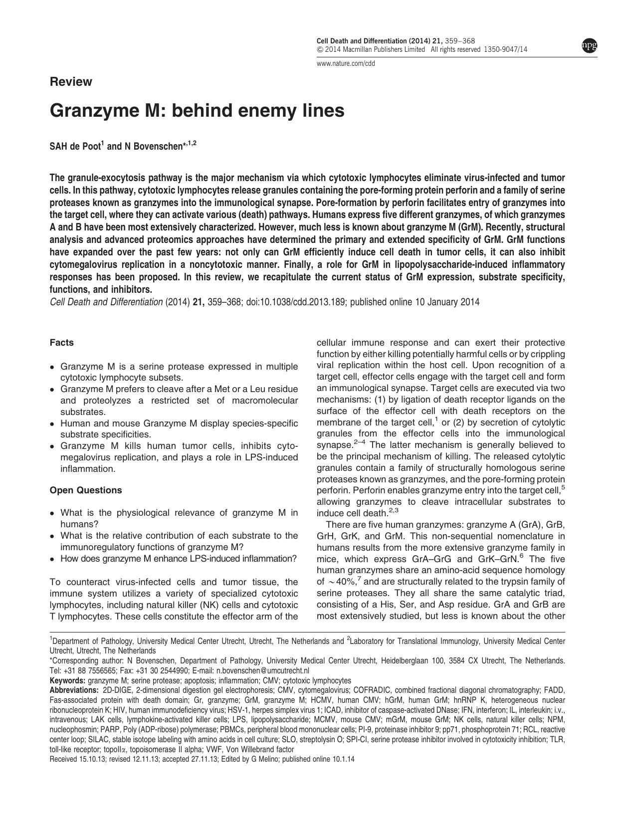 Granzyme M: behind enemy lines by S A H de Poot & N Bovenschen &