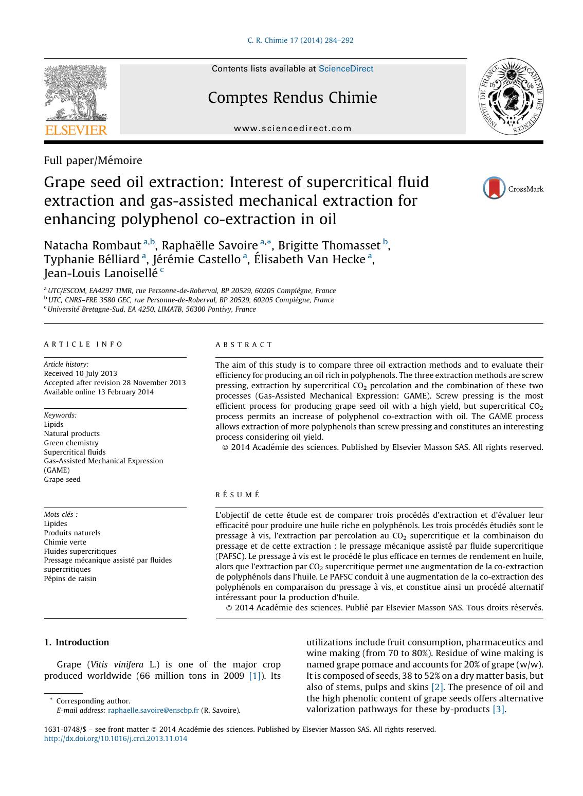 Grape seed oil extraction: Interest of supercritical fluid extraction and gas-assisted mechanical extraction for enhancing polyphenol co-extraction in oil by unknow