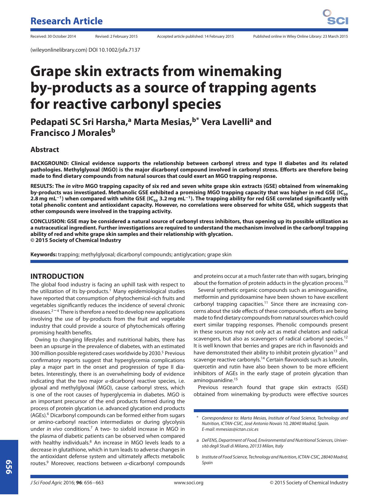 Grape skin extracts from winemaking by-products as a source of trapping agents for reactive carbonyl species by Unknown