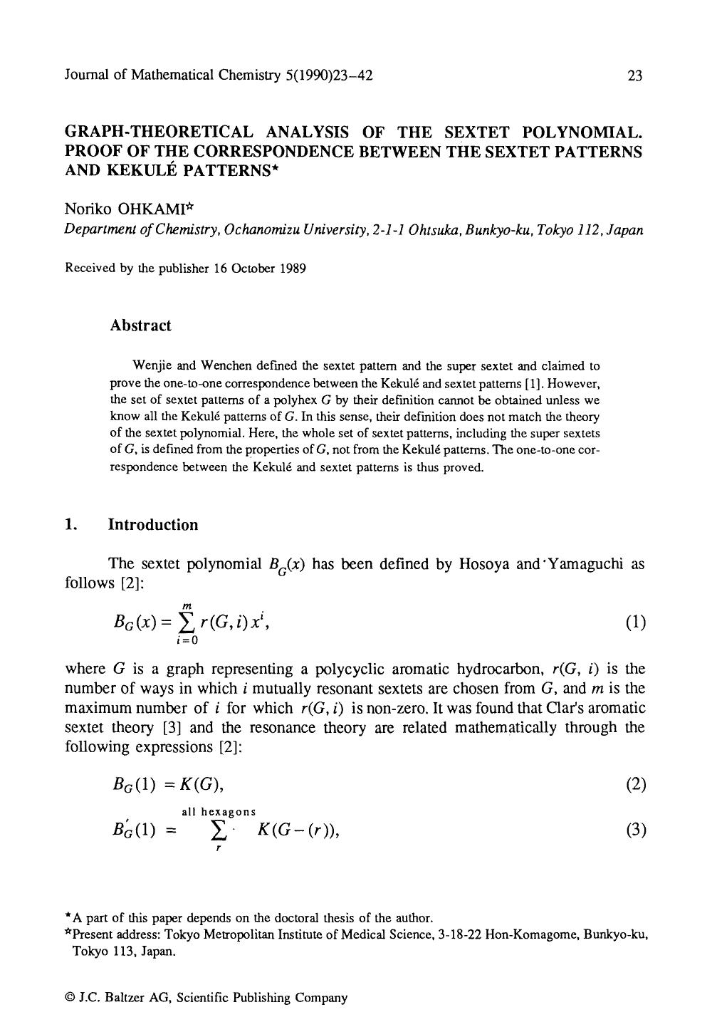 Graph-theoretical analysis of the sextet polynomial. Proof of the correspondence between the sextet patterns and Kekulé patterns by Unknown