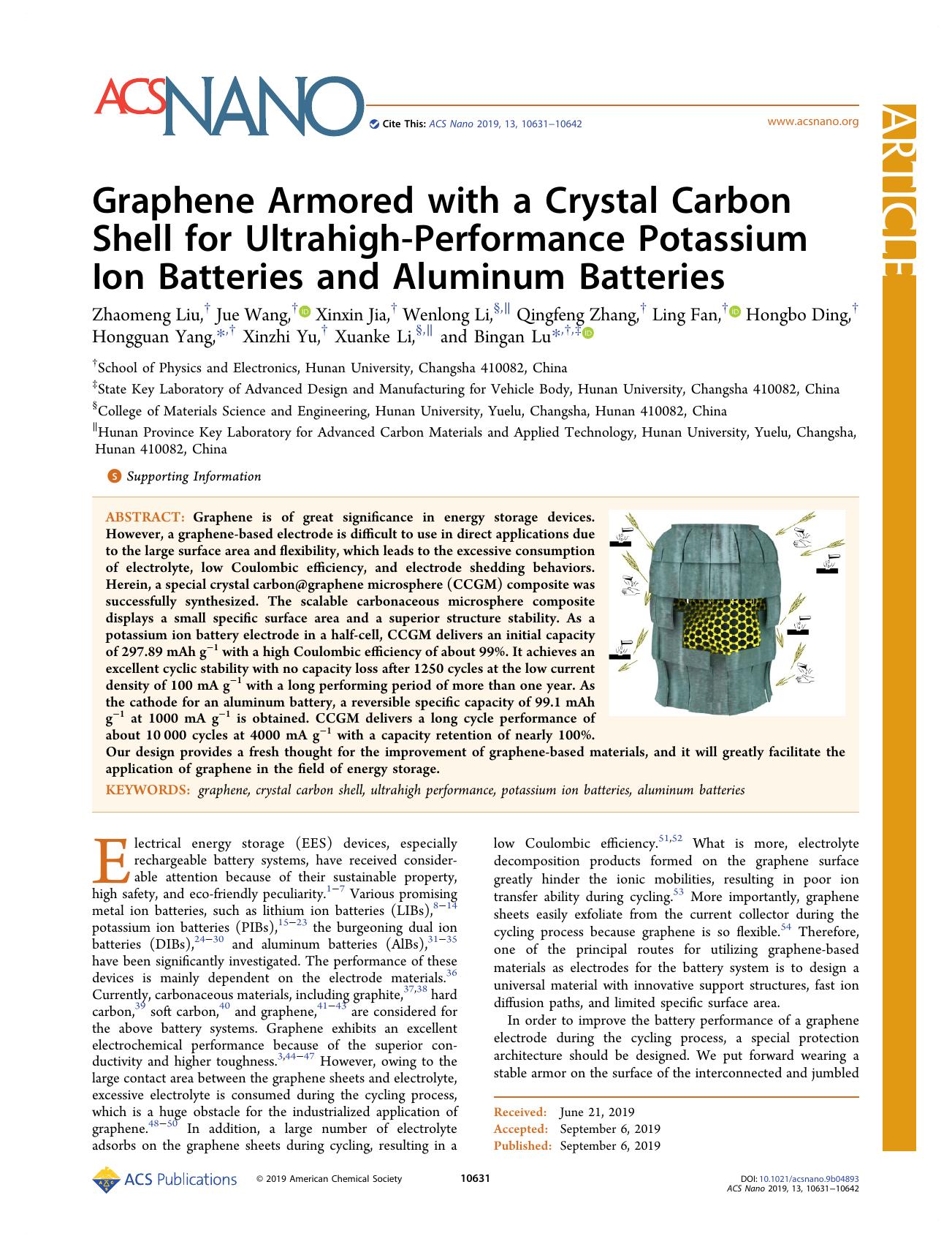 Graphene Armored with a Crystal Carbon Shell for Ultrahigh-Performance Potassium Ion Batteries and Aluminum Batteries by unknow