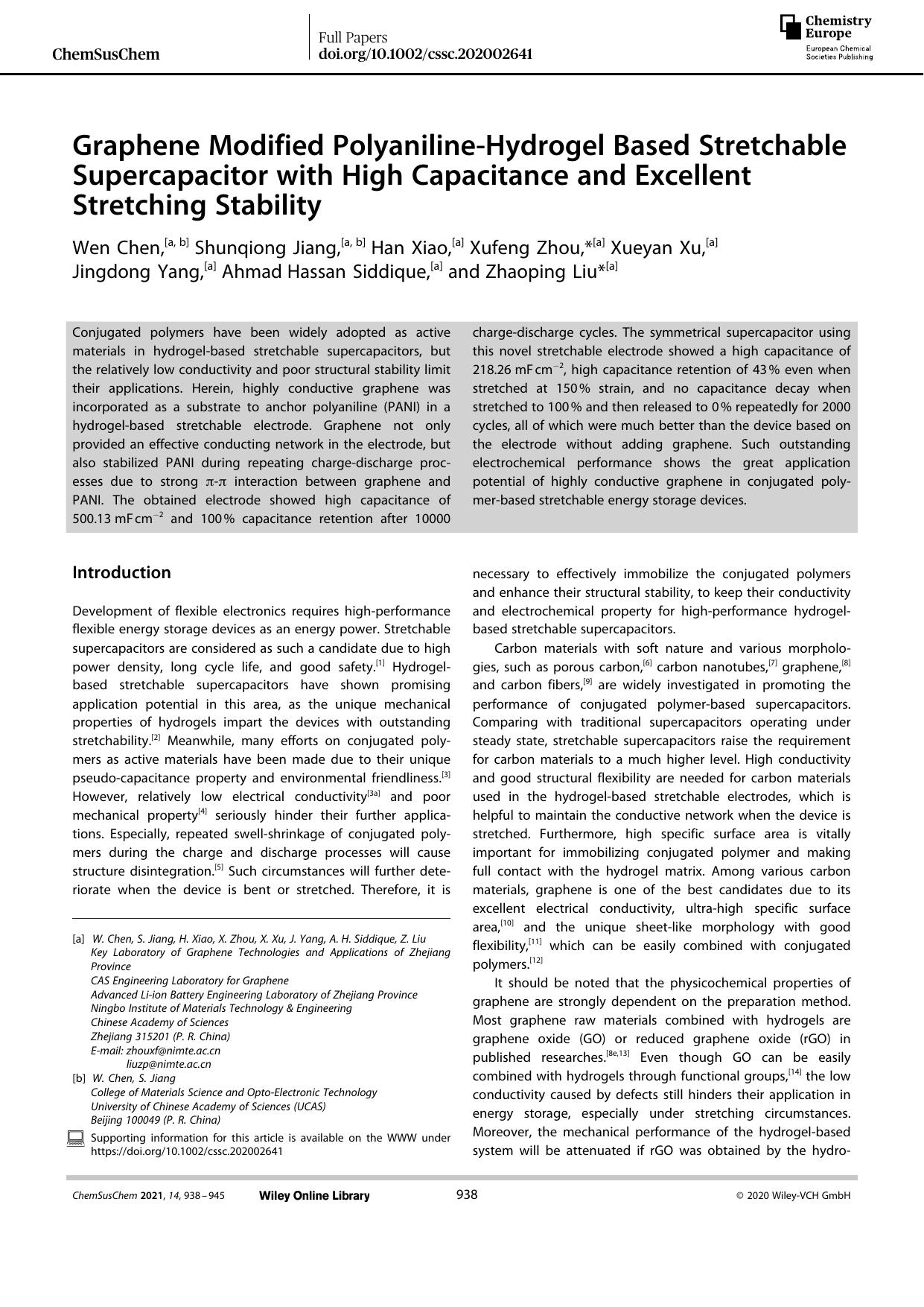 Graphene Modified PolyanilineâHydrogel Based Stretchable Supercapacitor with High Capacitance and Excellent Stretching Stability by Unknown