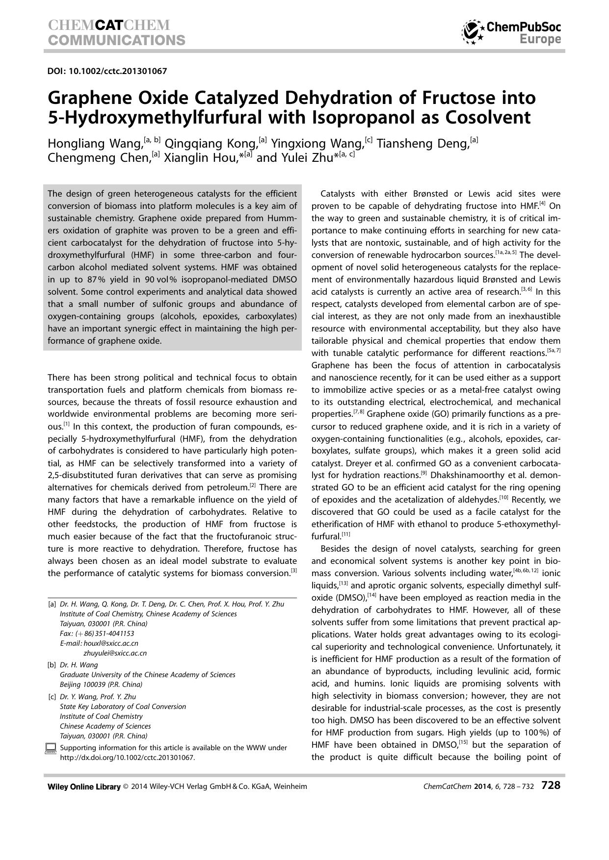 Graphene Oxide Catalyzed Dehydration of Fructose into 5Hydroxymethylfurfural with Isopropanol as Cosolvent by Unknown