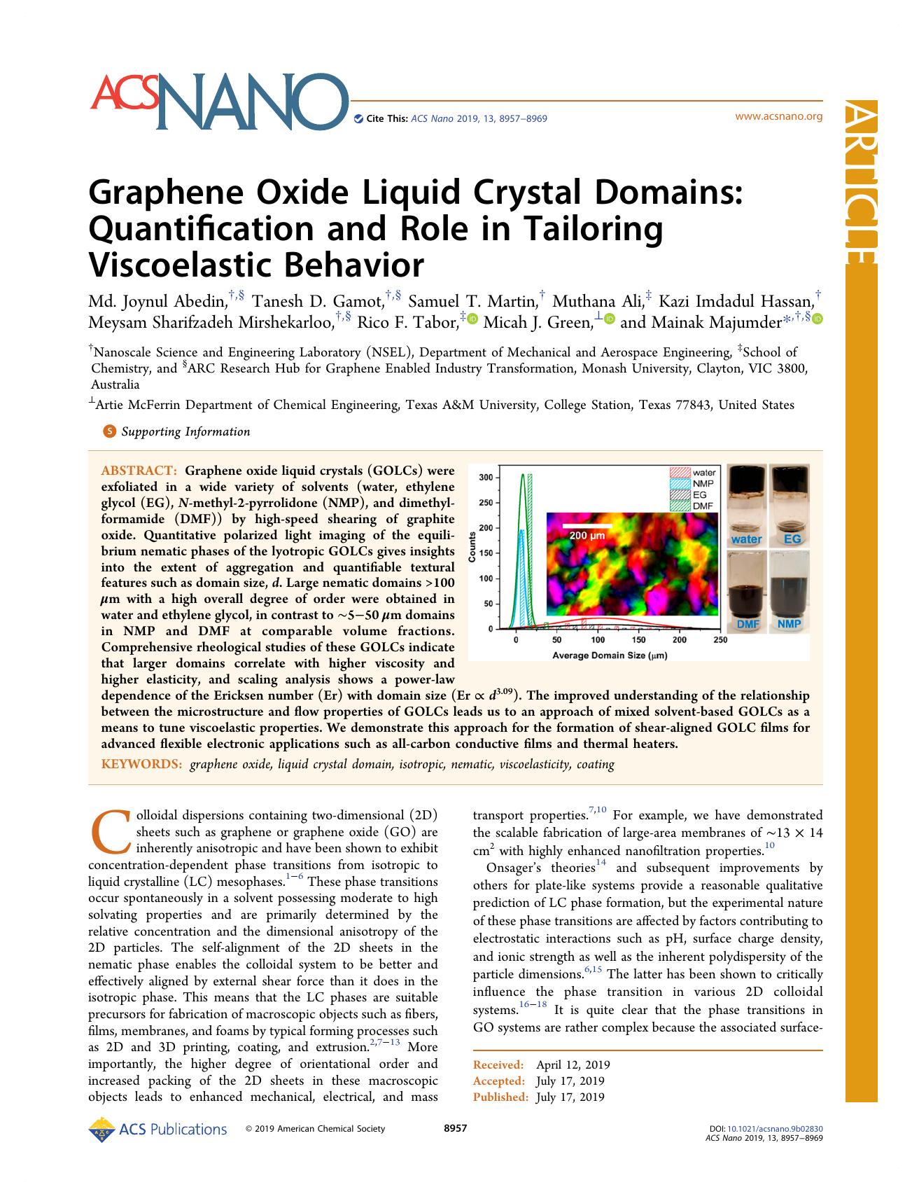 Graphene Oxide Liquid Crystal Domains: Quantification and Role in Tailoring Viscoelastic Behavior by unknow