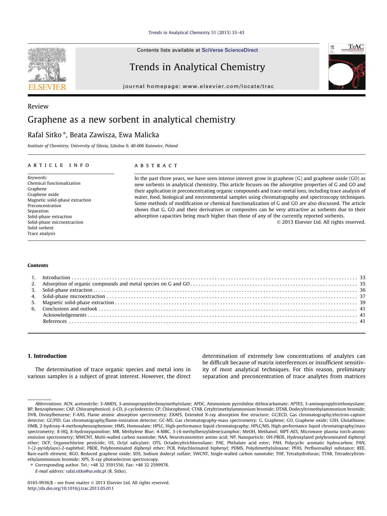 Graphene as a new sorbent in analytical chemistry by Rafal Sitko & Beata Zawisza & Ewa Malicka